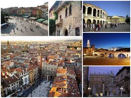 Clockwise from top; left to right: View of Piazza Bra from Verona Arena, House of Juliet, Verona Arena, Ponte Pietra at sunset, Statue of Madonna Verona's fountain in Piazza Erbe, view of Piazza Erbe from Lamberti Tower