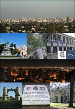 Cityscape taken from Naciones Park, San Martin Square, La Cañada Glen, Argentina Pavilion from National University of Córdoba, Cityscape at night taken from Nueva Cordoba neighborhood, Arch of Córdoba, Plaque commemorating the designation of the Jesuit block as World Heritage Site in 2000, Evita Fine Arts Museum.