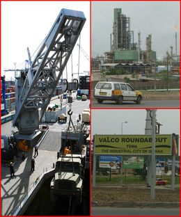 أعلى اليسار: Cargo ships with Intermodal containers being loaded in the Industrial Tema Harbour • First-Top right picture: Petroleum Processing and Refining Plant and Natural-Gas Processing Plant in Tema • Second-Bottom right picture: Valco Roundabout of State-owned Aluminium Corporation Valco (Volta Aluminum Company) in Tema.