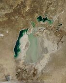 November 2003 – Much of the Eastern Sea's water has evaporated, the jade green swirls representing sediment in the shallow water.