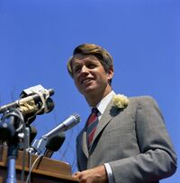 Robert F. Kennedy addresses the crowd at San Fernando Valley State College in 1968