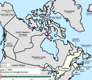 When Canada was formed in 1867 its provinces were a relatively narrow strip in the southeast, with vast territories in the interior. It grew by adding British Columbia in 1871, P.E.I. in 1873, the British Arctic Islands in 1880, and Newfoundland in 1949, Its provinces grew both in size and number at the expense of its territories.