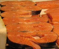 Salmon steaks on display