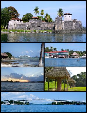 من أعلى ومن اليسار إلى اليمين: قلعة سان فليپه دى لارا، Crucero en la ciudad de Puerto Barrios, Livingston, Parque arqueológico y ruinas de Quiriguá y Puente de Río Dulce.