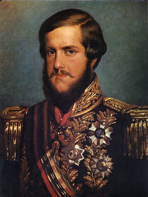 Half-length portrait from a photograph showing the young, bearded Emperor Pedro II in full uniform with sash of office and various medals