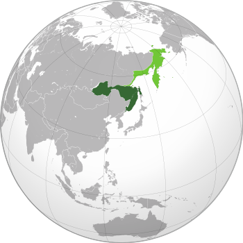 Far Eastern Republic: – Maximum extent in 1920 (green and dark green) – Extent from 1920 to 1922 (dark green)