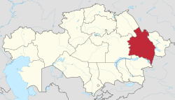 Map of Kazakhstan, location of Abai Region highlighted