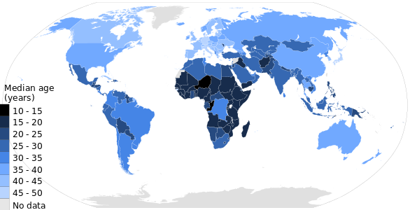 Median age by country in years in 2017. The youth bulge is evident in parts of Latin America, Africa, the Middle East and Southeast Asia.