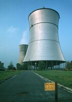 The THTR-300 cooling tower for the now decommissioned thorium nuclear reactor in Hamm-Uentrop, Germany, 1983.