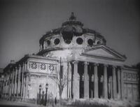 Damaged Romanian Athenaeum in the aftermath of the German air raids of 24–26 August 1944.