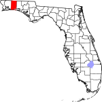 A state map highlighting Okaloosa County in the northwestern part of the state. It is medium in size and shaped like a narrow rectangle.