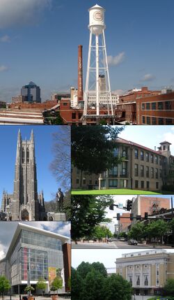 مع عقارب الساعة من أعلى: Durham skyline, North Carolina School of Science and Mathematics, Five Points, Carolina Theatre, Durham Performing Arts Center, Duke Chapel