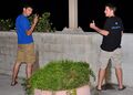 Two men urinating in public, which is often perceived to be indecent exposure