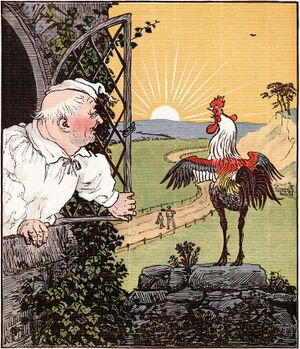 illustration of crowing rooster facing the rising sun with a man, dressed in nightcap and sleeping gown, leaning out the window. Background shows two small figures walking along a fenced road.