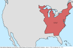 Map of the international disputes involving the United States in central North America from July 4, 1776, to January 15, 1777