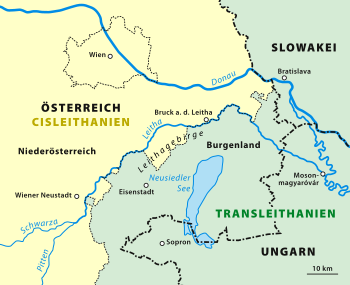 Map of the Leitha with the demarcation of Cis- and Transleithania (coloured) and the current borders (black)