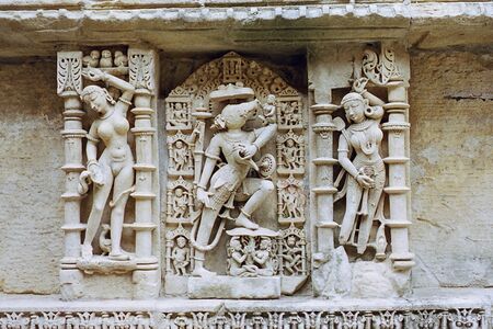 Varaha (centre), woman with snake (left)