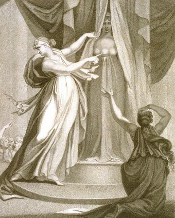 Engraving of a woman pulling back a curtain concealing a statue