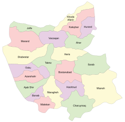 موقع مقاطعة خداآفرين في محافظة أذربيجان الشرقية(أعلى الخريطة، بالأصفر)