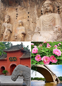 أعلى: Longmen Grottoes, أسفل اليسار: White Horse Temple, Bottom right: Paeonia suffruticosa في لوويانگ وجسر لونگ‌من