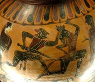 Theseus and the Minotaur. Detail from an Attic black-figure amphora, 575 BC–550 BCح. 575 BC–550 BC.