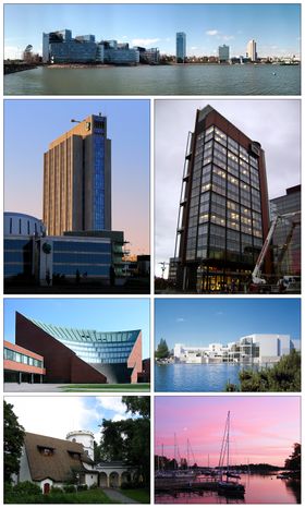 Clockwise from top: skyline of offices in Keilaniemi, Panorama Tower in Leppävaara, the Espoo Cultural Centre, Haukilahti docks, the Gallen-Kallela Museum, Aalto University Otaniemi campus auditorium, and Accountor Tower.