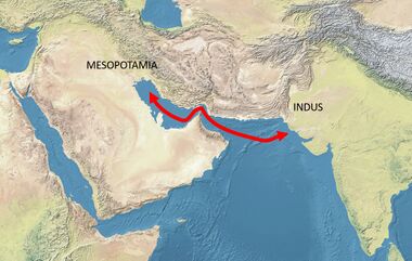 a colored map showing Mesopotamia and the Indus Valley