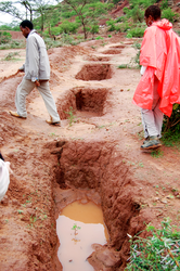 In Koraro, Ethiopia, a Millennium Village site, stone barriers, trenches and ditches have been built to reduce water runoff and to collect it in pools, which helps recharge ground water.