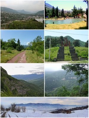 From top left: Ijevan skyline • Ijevan central park Ijevan Dendropark • World War II memorial Gugark Mountains • Ijevan Wildlife Sanctuary Winter panorama of Ijevan area