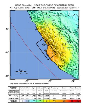 Map of the Peru coastline, showing location and strength of quake.