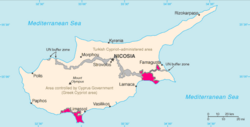 Location of Akrotiri (southwest) and Dhekelia (southeast) in deep pink on Cyprus