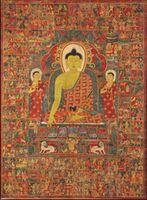 Thangka of Buddha with the One Hundred Jataka Tales in the background, Tibet, 13th-14th century.