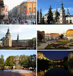 صور مجمعة من كيلتسه، أعلى اليسار: Sienkiewicza Street, Top right:Kielce Bishops Palace، ثاني يسار: كاتدرائية كيلتسه، ثاني يمين: Artists Square, أسفل اليسار: Monument of Home Homini, أسفل اليمين:Night view of Kadzielnia nature reserve area