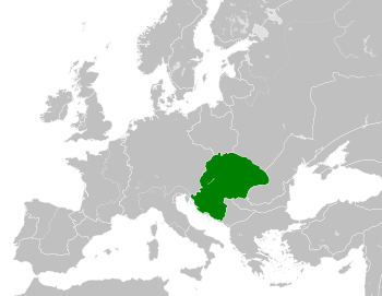 The Kingdom of Hungary in union with Kingdom of Croatia (green) in 1190