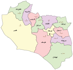 Location of Tabas County in South Khorasan province (left, yellow)