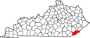 Map of Kentucky highlighting Harlan County