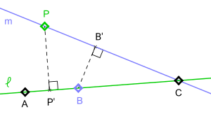 Two lines, six points on them, and two perpendicular segments from a point on one line to a point on the other, labeled as described in Kelly's proof