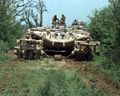 A remotely controlled Panther armored mine clearing vehicle leads a column down a road in Bosnia and Herzegovina, May 16, 1996.