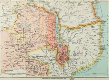 Map of southern Africa, 1897. The British Central Africa Protectorate is shaded dark pink.