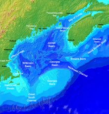 نبكة جورج في خليج مين هي منطقة كبيرة مرتفعة عن قاع البحر، تظهر في هذه الخريطة باللون الأزرق الفاتح في أسفل الوسط.