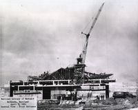 View of front entrance of the new National Library of Medicine building under construction, in Bethesda, Maryland. HMD Prints & Photos, Z AD6 U56 C32 no. 27 box 58 ins