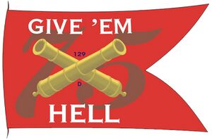 Battle flag with red background with the number 75, crossed canon barrels and phrase "Give 'em Hell"