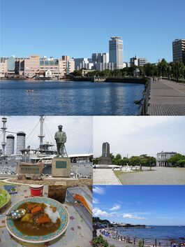 الأعلى: View of downtown Yokosuka from Verny Seaside Park, الأوسط: Mikasa Battleship Monument and Heihachirō Togō Statue, Kurihama Matthew Perry Park, الأسفل: Yokosuka Naval Curry, رأس كانون، والمنتزه البحري (كل المعالم من اليسار لليمين)